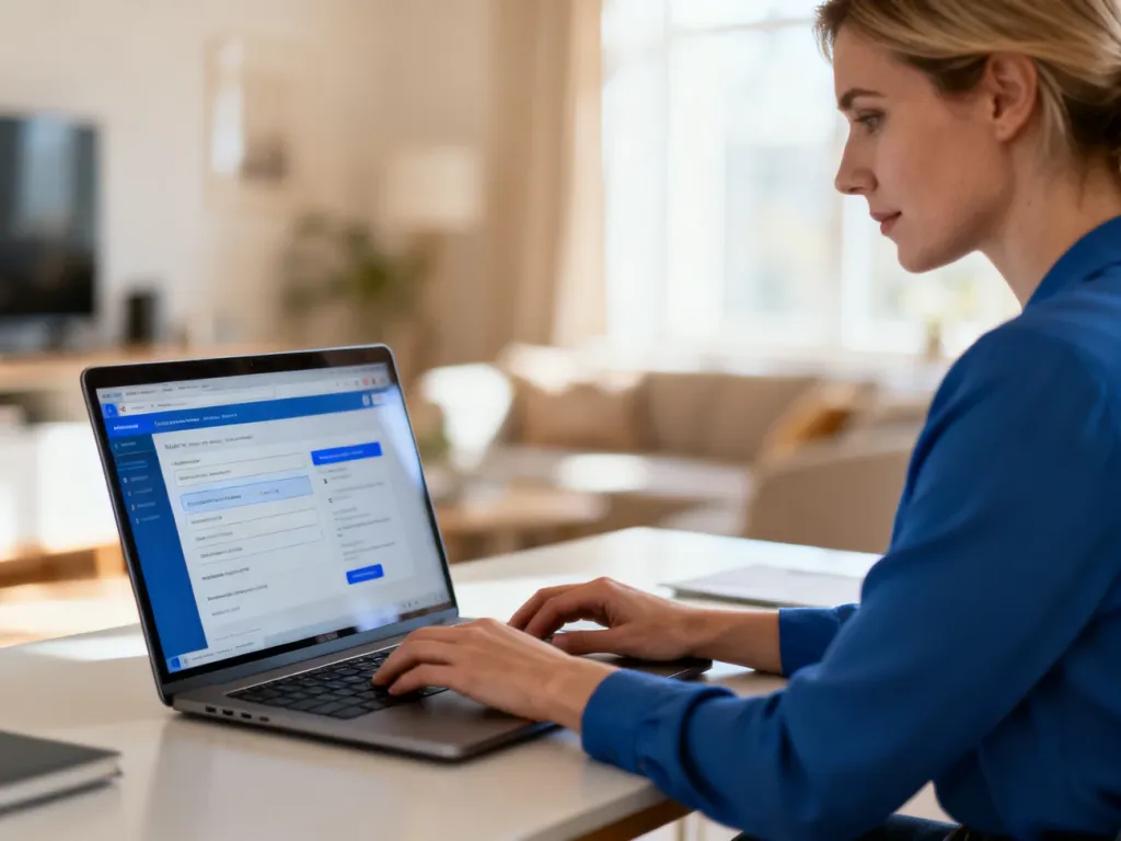 Kobieta pracująca na laptopie w domowym biurze, obsługująca panel klienta online.