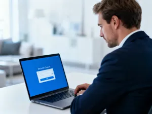Mężczyzna pracujący przy laptopie w nowoczesnym biurze, symbolizujący proces logowania do systemu Gopos.