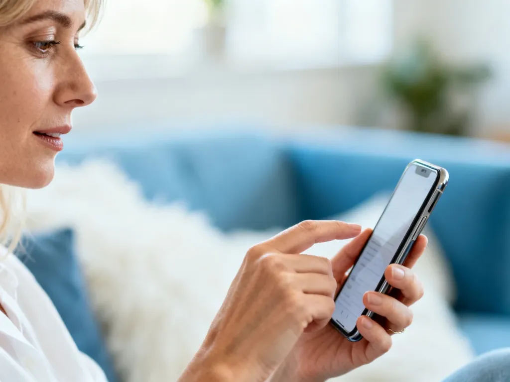 Kobieta trzymająca smartfon w dłoni, korzystająca z aplikacji w przytulnym, jasnym salonie.