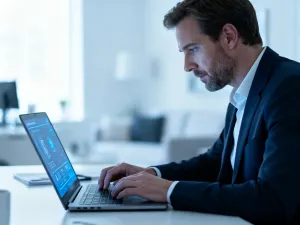 Mężczyzna pracujący przy laptopie w nowoczesnym biurze domowym, skupiony na obsłudze panelu klienta online.