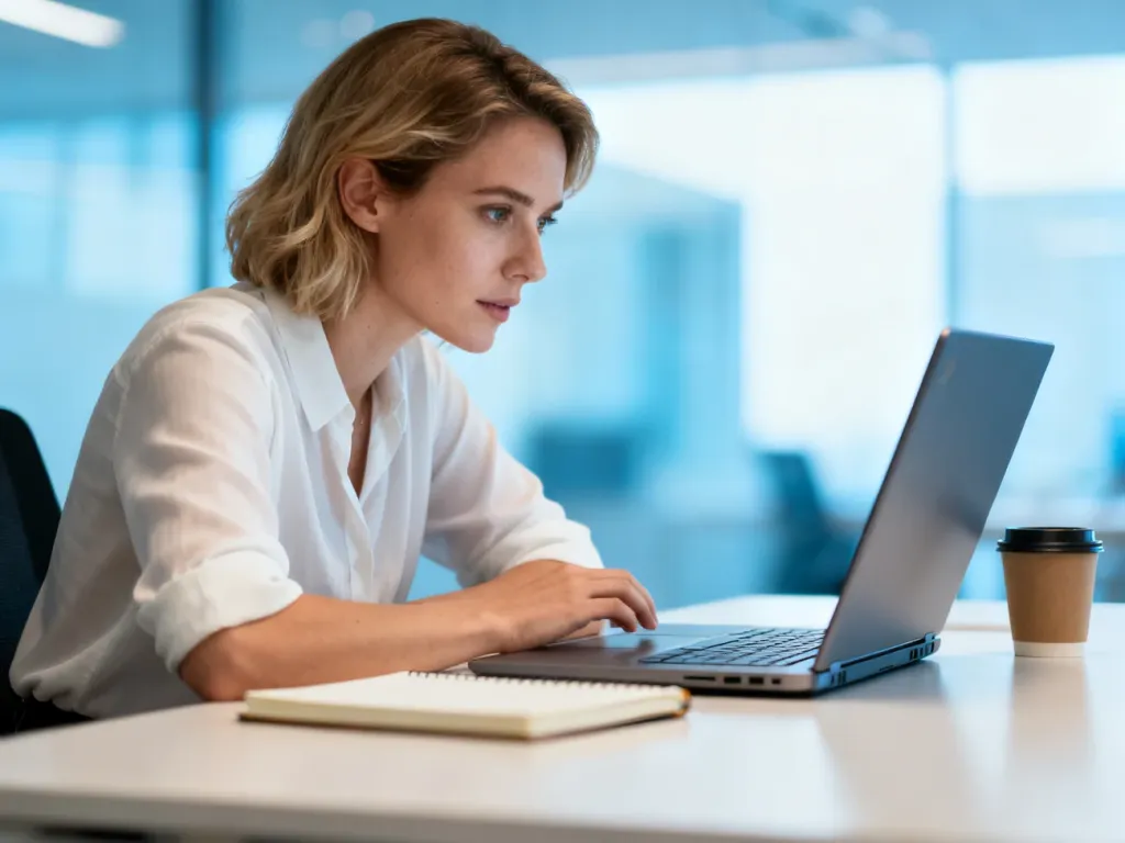 Pracownica biurowa skupiona na pracy przy laptopie w nowoczesnym wnętrzu, symbolizująca obsługę systemów informatycznych.