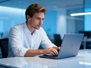 Kobieta pracująca przy laptopie w nowoczesnym biurze, skupiona na obsłudze poczty elektronicznej w przeglądarce.