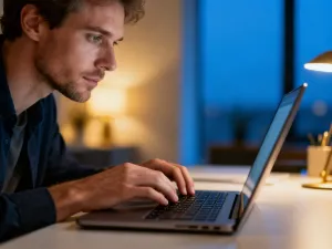 Mężczyzna korzystający z laptopa przy biurku w domowym biurze, logujący się do panelu klienta Fortum.