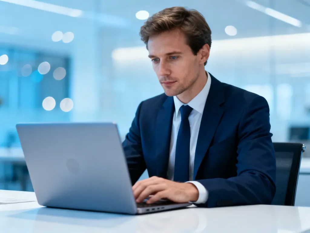 Profesjonalista pracujący przy laptopie w nowoczesnym biurze, symbolizujący łatwy dostęp do systemu Merlin X.
