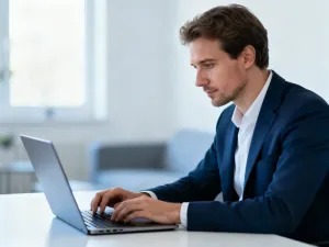 Mężczyzna pracujący przy laptopie w nowoczesnym biurze domowym, logujący się do platformy cyfrowej.