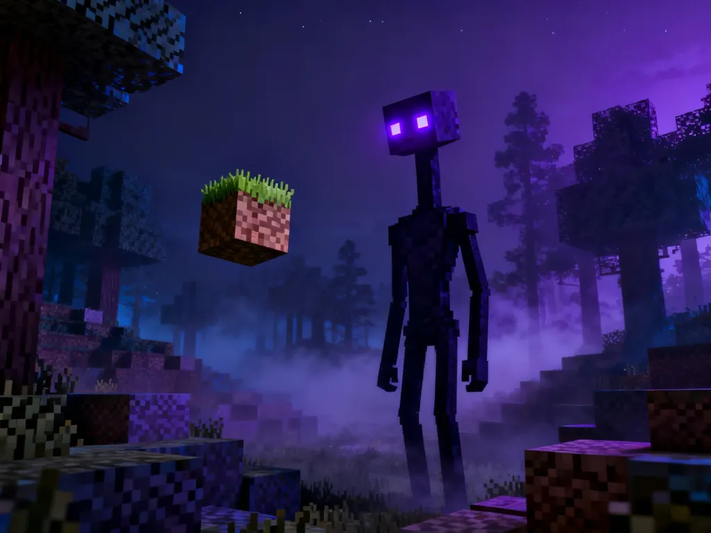 Wysoki, smukły Enderman z jarzącymi się fioletowymi oczami w mrocznym, pikselowym lesie Minecrafta.
