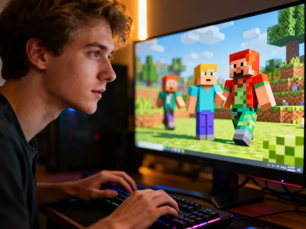 Młody mężczyzna grający na komputerze w grę typu sandbox, na ekranie widoczne są kolorowe, blokowe postacie z Minecrafta.