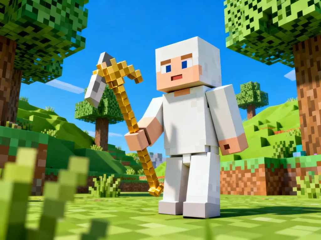 Steve z Minecrafta trzymający złoty kilof na tle pikselowego krajobrazu z drzewami i zielonymi wzgórzami.