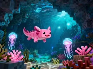 Gracz karmi złotym jabłkiem dzikiego konia w otoczeniu inspirowanym krajobrazem Minecrafta.