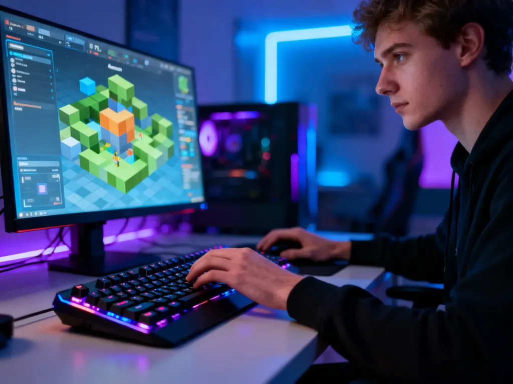 Gracz skupiony na rozgrywce w Minecrafta, korzystający z podświetlanej klawiatury mechanicznej w gamingowym pokoju.