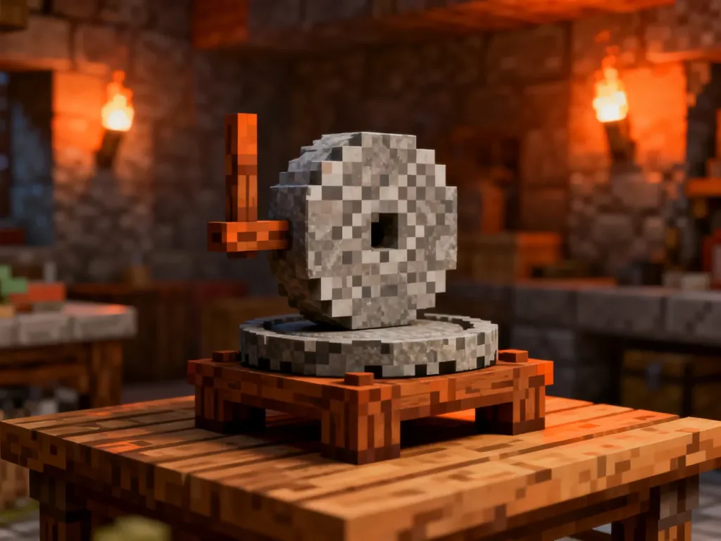 Kamień szlifierski z Minecrafta umieszczony na drewnianym stole w klimatycznym, średniowiecznym warsztacie.