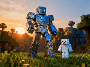 Gracz karmi złotym jabłkiem dzikiego konia w otoczeniu inspirowanym krajobrazem Minecrafta.