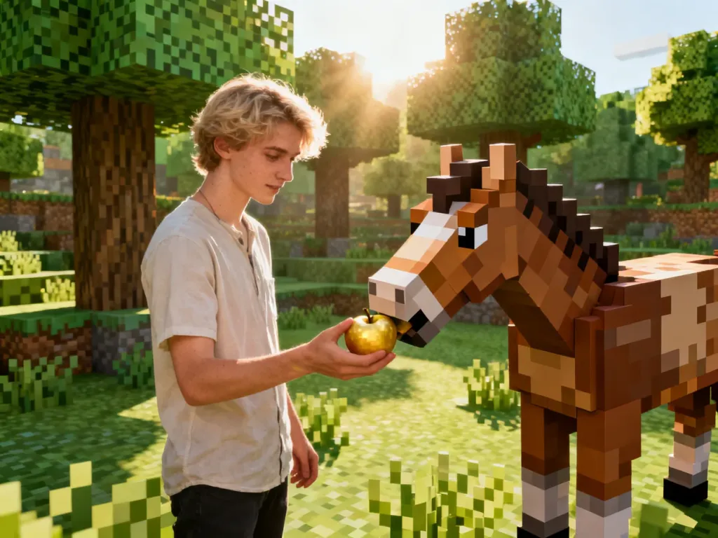 Gracz karmi złotym jabłkiem dzikiego konia w otoczeniu inspirowanym krajobrazem Minecrafta.