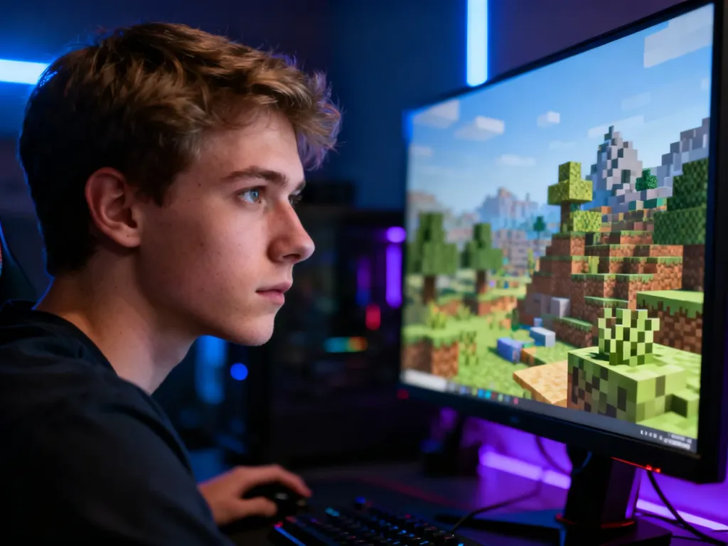 Skupiony gracz przed monitorem z widokiem na świat Minecrafta w pokoju z nastrojowym oświetleniem LED.