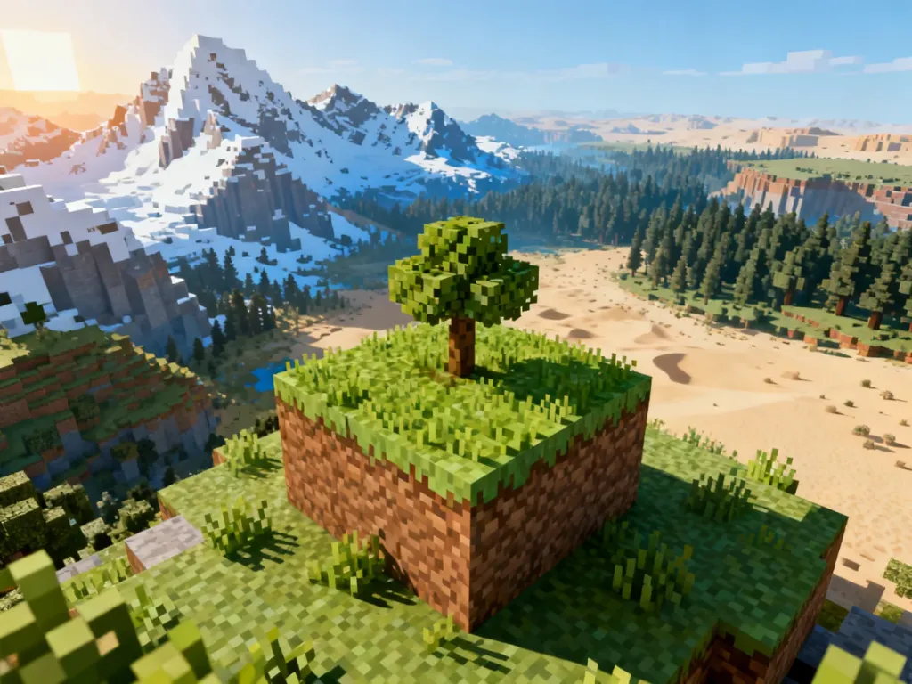 Zróżnicowany krajobraz Minecrafta z widocznymi biomami: ośnieżonymi górami, lasem i pustynią w realistycznym stylu voxel.