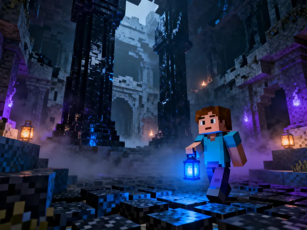 Postać gracza z niebieską latarnią eksploruje mroczne, tajemnicze wnętrze Ancient City w Minecraft.