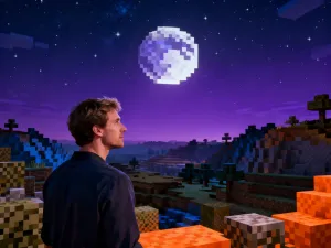 Gracz skupiony na rozgrywce w Minecrafta, korzystający z podświetlanej klawiatury mechanicznej w gamingowym pokoju.