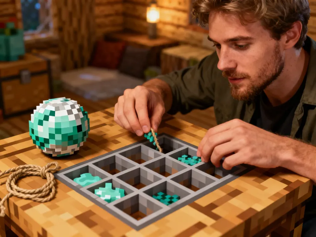 Gracz układa sznurek i szlam na stole rzemieślniczym, przygotowując się do wytworzenia smyczy w Minecraft.